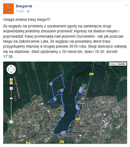 Ogłoszenie o zmianie trasy biegu