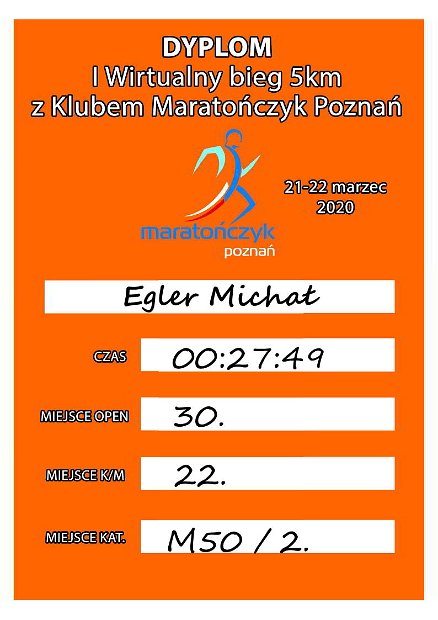 I Wirtualny bieg na dystansie 5km z Klubem Maratończyk Poznań